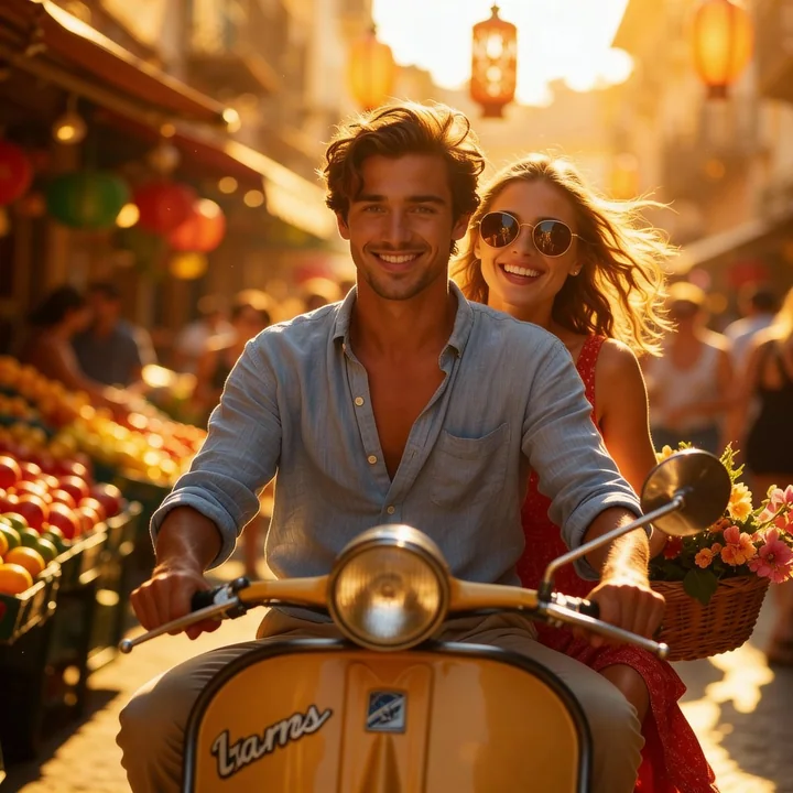 لحظة رومانسية لدراجة نارية قديمة من ماركة "بيئة" تمر عبر السوق تحت غروب الشمس