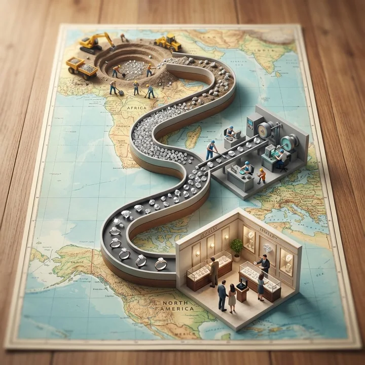 創造的なミニチュア写真：世界地図上の商品のファンタジックな漂流