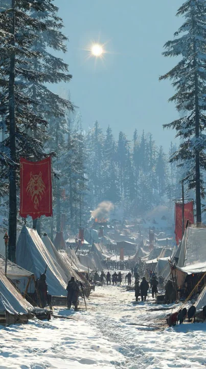厳冬の密林の縁辺に位置する壮大な実写中世軍営