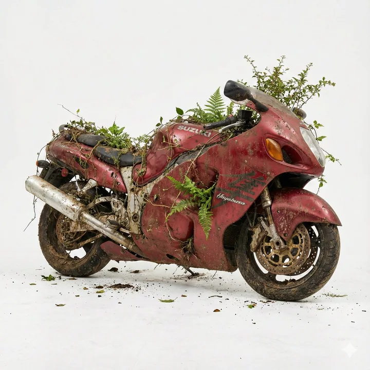 純白の背景に、植物が絡みついた錆びた廃墟