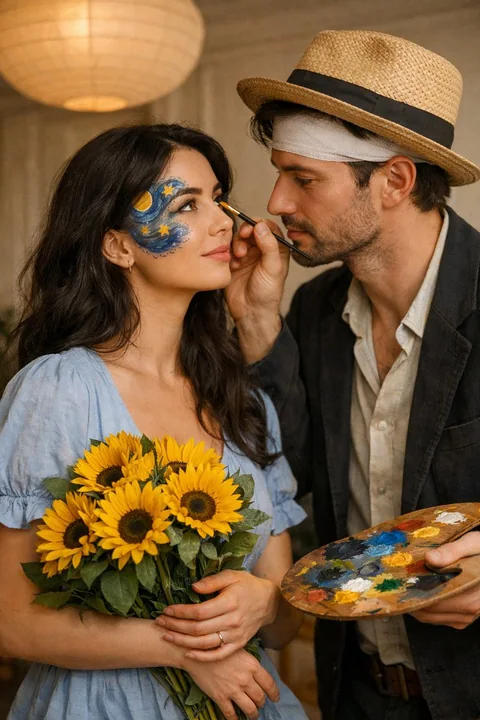 La nuit étoilée : une image ultra-réaliste d'un couple tenant un tournesol