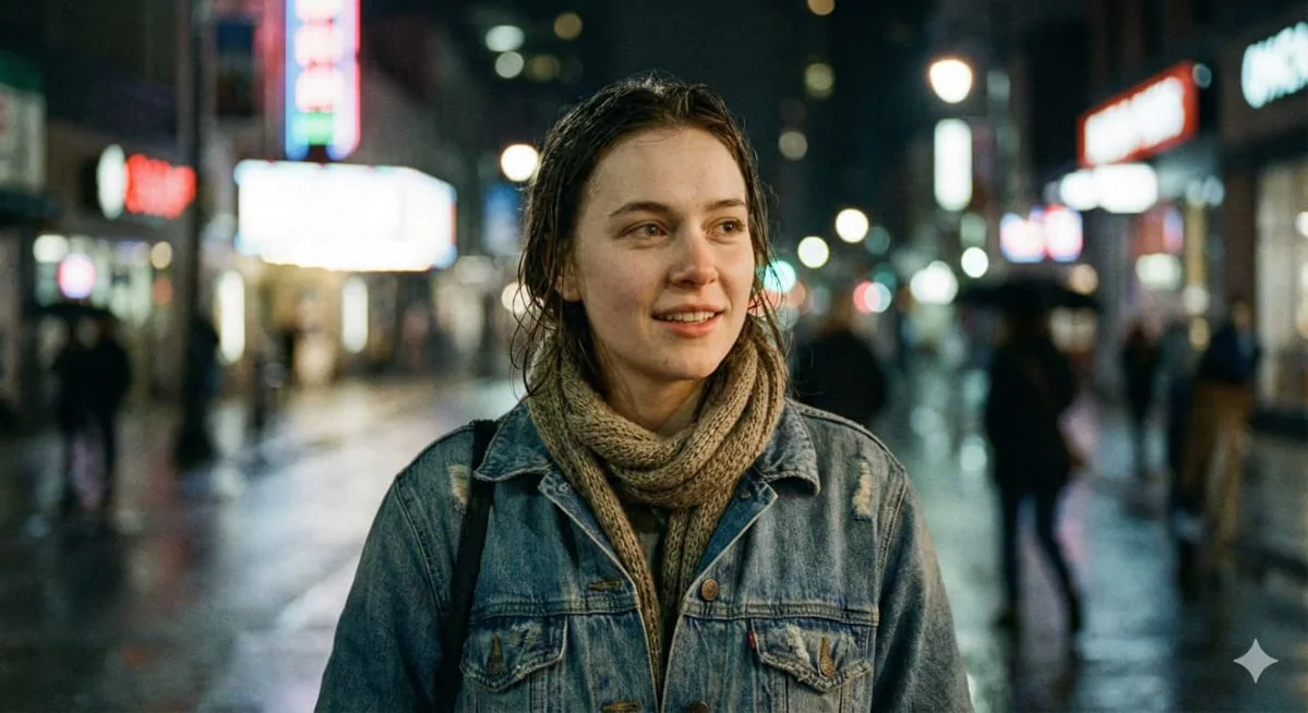 فتاة فائقة الواقعية تُظهر شعورًا بالسينما في شوارع المدينة الليلية المضيئة بال霓虹