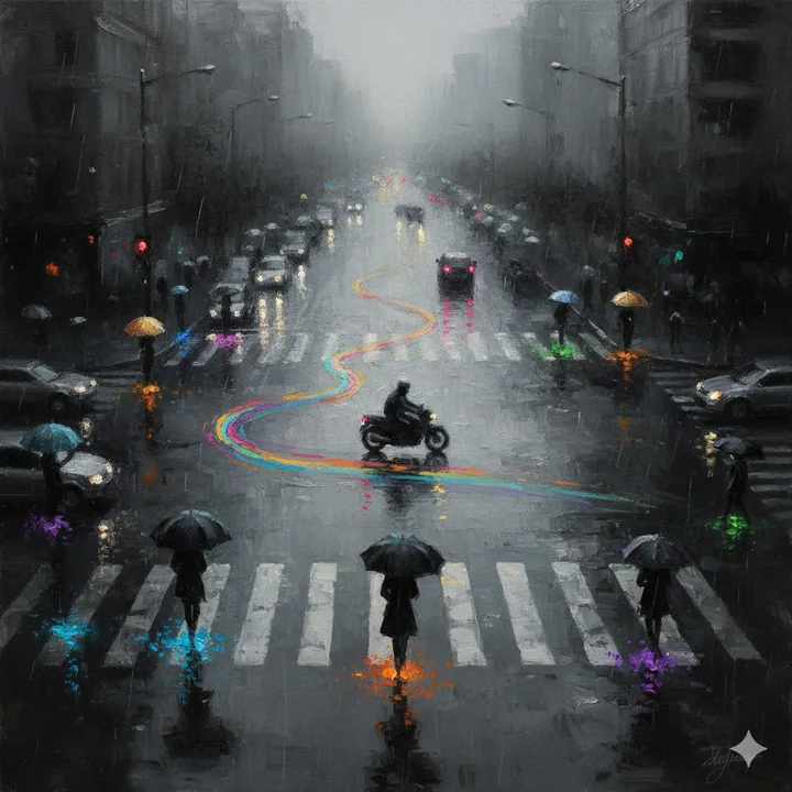 雨の夜、都市の中で孤独な印象派の光と影