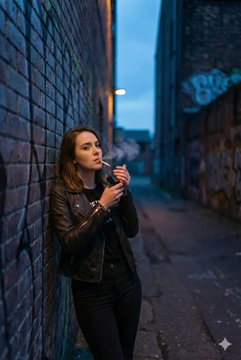 The moment a girl in a leather jacket lights a cigarette in the deep alley at dusk.