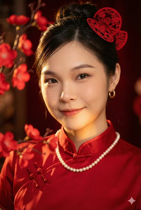 光影映衬下的新中式旗袍红妆丽人