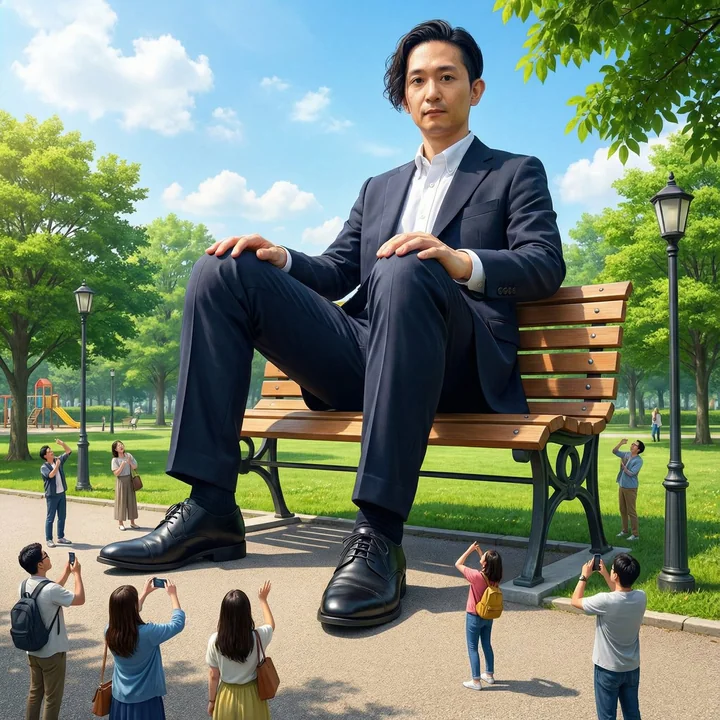 长椅上的巨型自我与环境比例错位的超现实瞬间