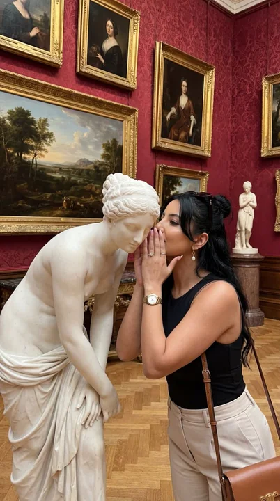 Fun moment of a mischievous woman whispering to a statue inside the museum