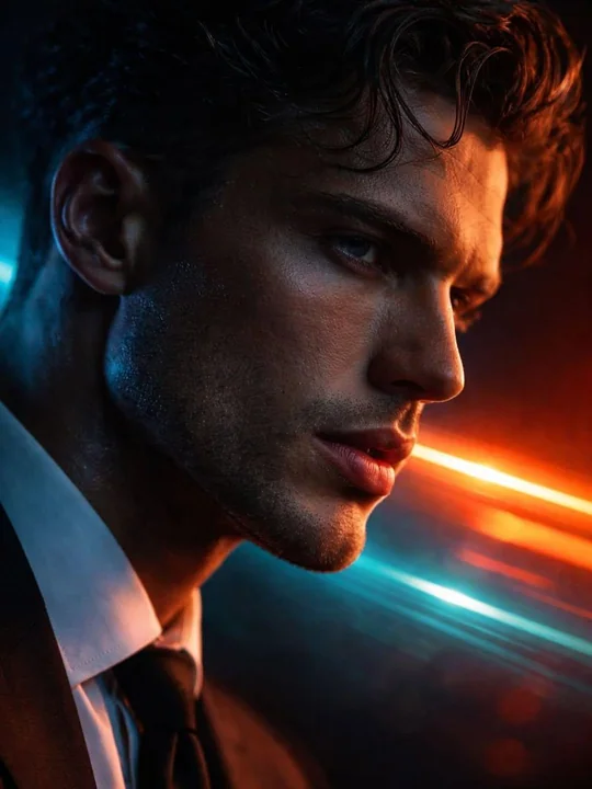 Cold-profiled side face under the neon lights of cyberpunk