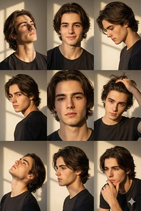 Jeune homme aux longs cheveux sous le soleil, photos en 9 carrés