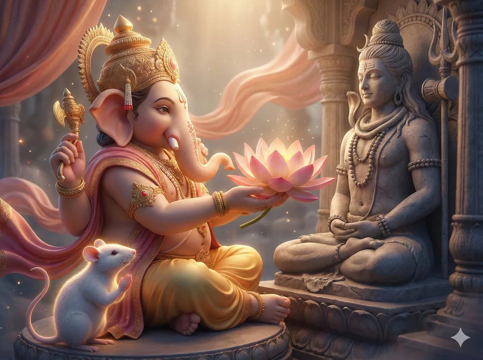 Un dieu dévot à la tête d'éléphant tient une fleur de lotus pour vénérer une statue de Shiva.