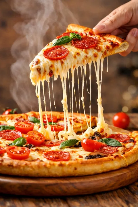 Pizza italienne au saucisson piquant, avec des morceaux qui filent