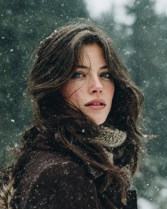 映画のような森の少女が、天から降る雪の中を振り返る