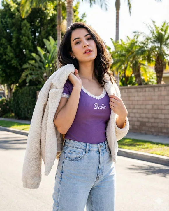 自信に満ちた少女が、紫色のシャツを着て、太陽の光に照らされたパームツリーの下に立っている