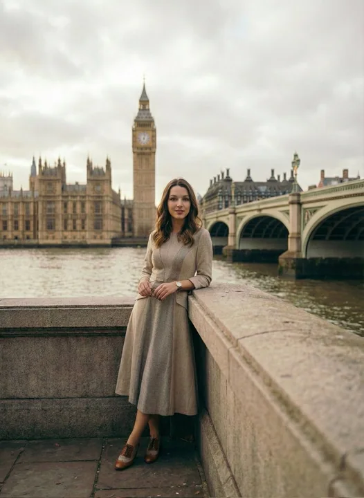 صورة بانورامية واقعية لشخصية أنيقة تحت ساعة بิก بن على ضفاف نهر التايمز في لندن