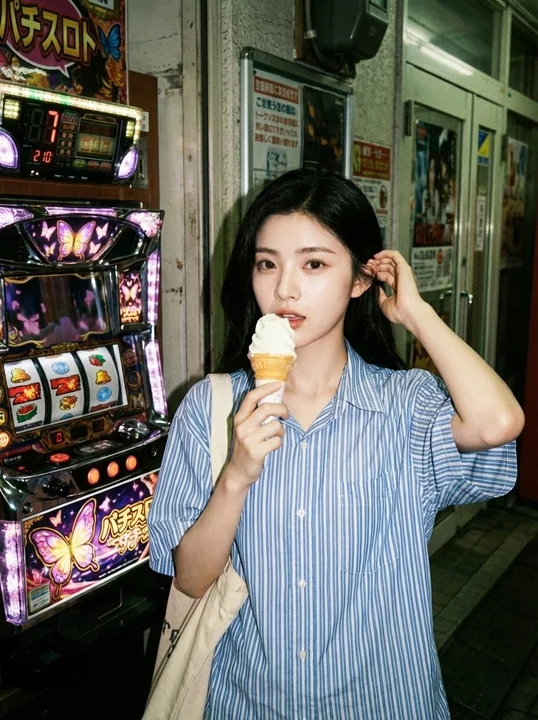 Девушка, едящая мороженое в аркадном зале с ретро-эффектом пленки