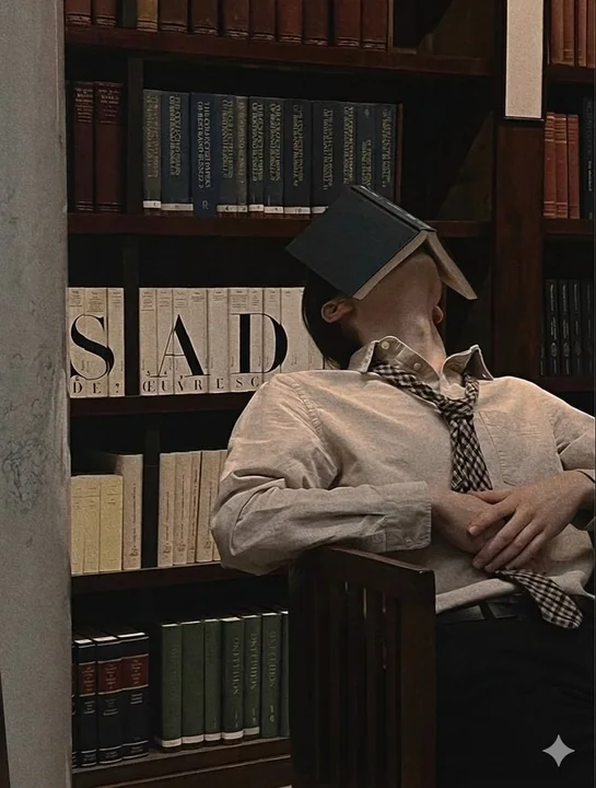 図書館の光と影の中で本を閉じ、思索にふける憂いの少年