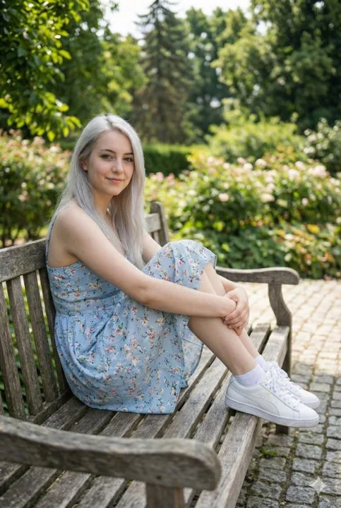 A summer day of freshness for a young girl in a light blue floral dress