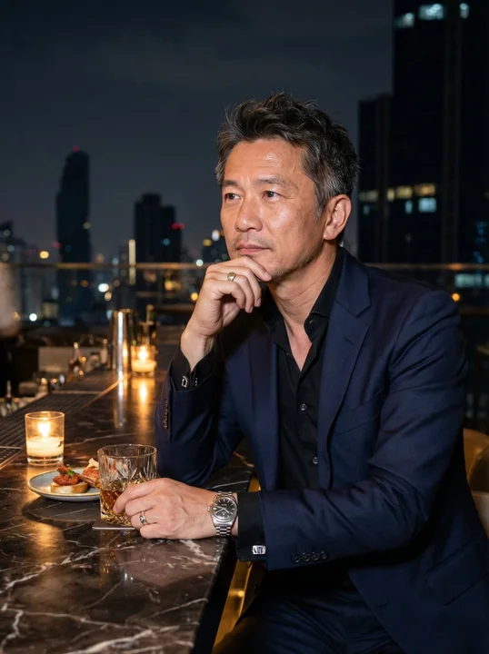 Réflexion sous la ville nocturne : portrait d'un gentleman d'âge mûr en costume d'affaires en surréalisme hyper-réaliste