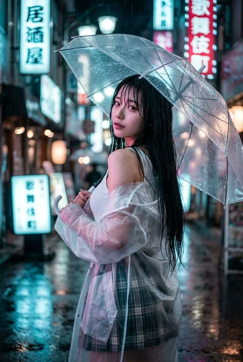 Jeune fille magnifique regardant en arrière sur les rues de Shibuya sous la pluie de néons