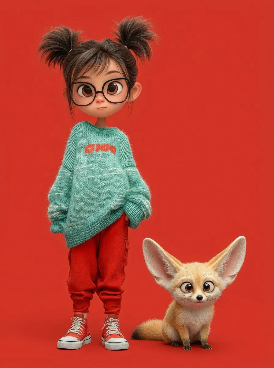 Девочка в красном платье в стиле Пиксар с милою лисицей на плечах