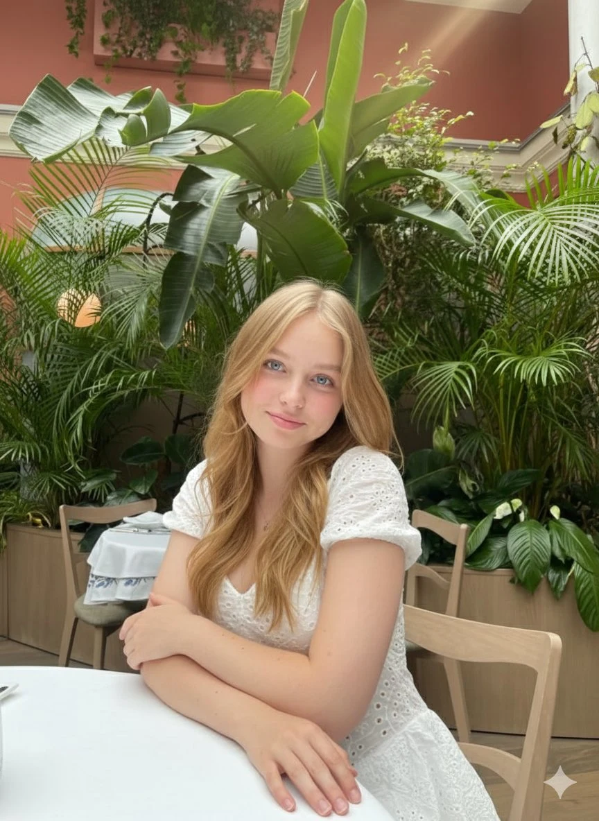 فتاة نوردية جميلة تجلس في ن温室 تُضاء بالشمس الذهبية