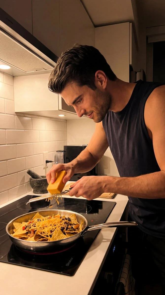 Реалистичное фото домашнего мужчины, готовящего кукурузные хлопья, обнаженным, при теплом свете