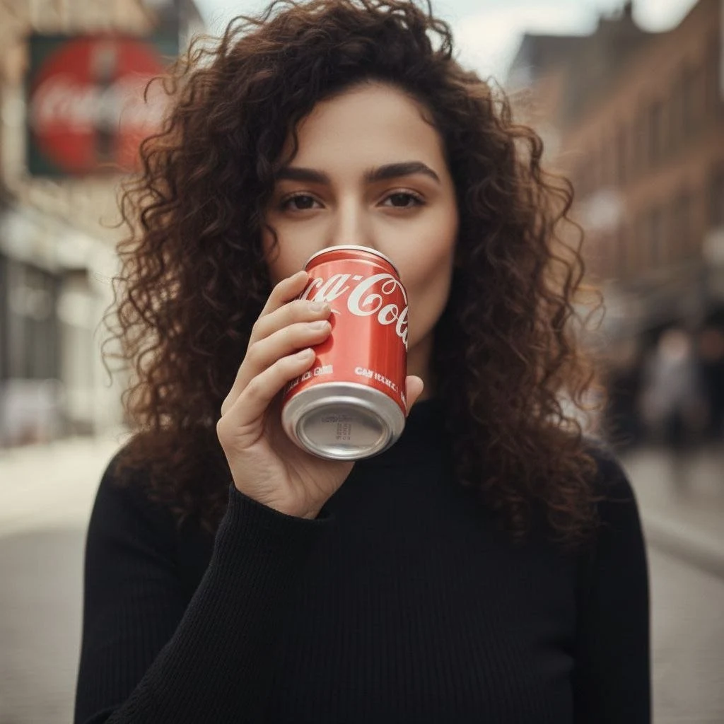 都会の街角でレッドカンのスパークリングウォーターを片手に持つ、ファッション映画のような女性