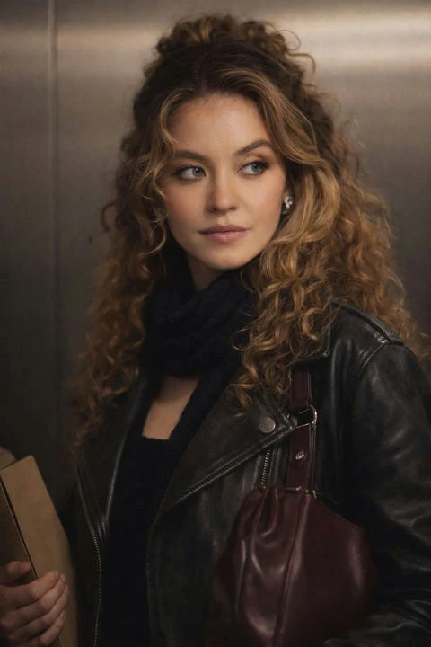 صورة بورتريت ذات جودة عالية لفتاة ذات شعر مموج وقميص جلدي تحت ضوء الفيلم