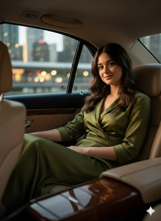 Elegant silhouette in deep olive, reclining in the back seat of a luxury car in the city at night.