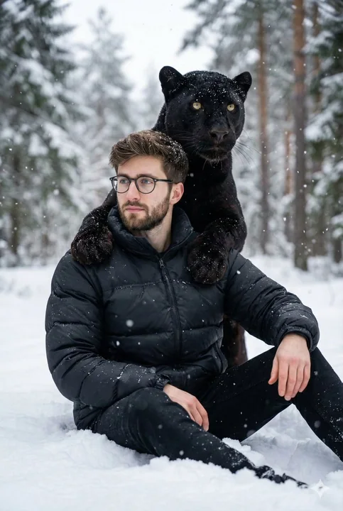 The stunning moment of the black panther leaning on the man under a sky full of snowflakes