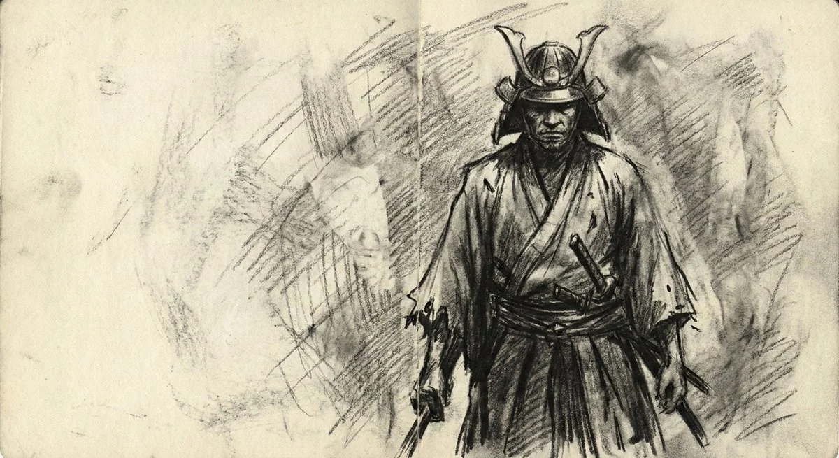 粗い質感の炭筆スケッチ：原始とエレガントの交錯