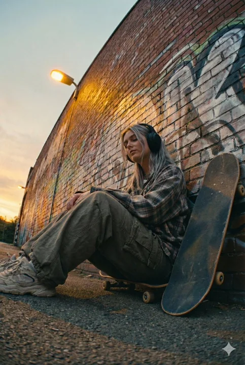 Silver-haired skateboard girl contemplating under the graffiti wall at dusk