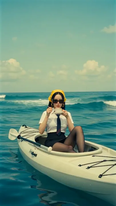 复古女郎优雅地在独木舟上击退鲨鱼