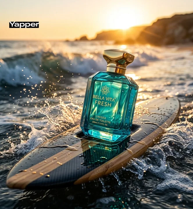 الرفاهية في شطيرة مصغرة من العطر على لوح تزلج مصنوع من غروب الشمس الذهبي