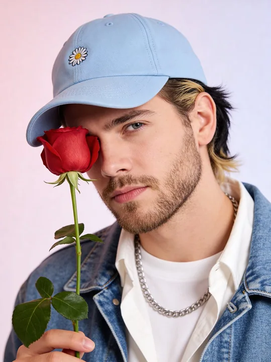 柔らかく美しいファッションボーイの肖像、ローズが目を覆う