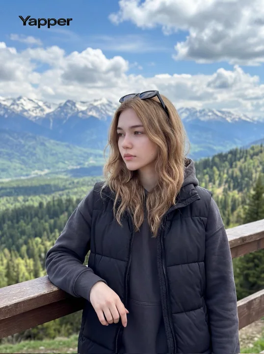 Jeune fille fraîche regardant la montagne enneigée avec un gilet en duvet