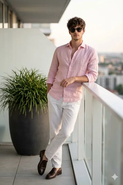 Стильный снимок уверенного мужчины на роскошном балконе под золотистый закат