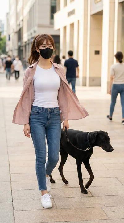 Корейская девушка в розовом платье гуляет по улицам города с черной собакой