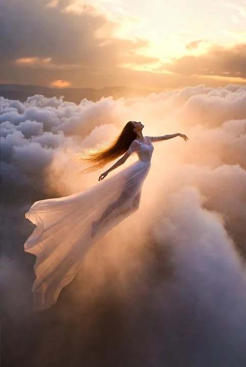 Bewitching fairy draped in misty clouds at dusk