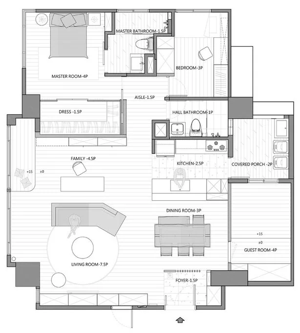План японского скандинавского дома с видом с высоты птичьего полета