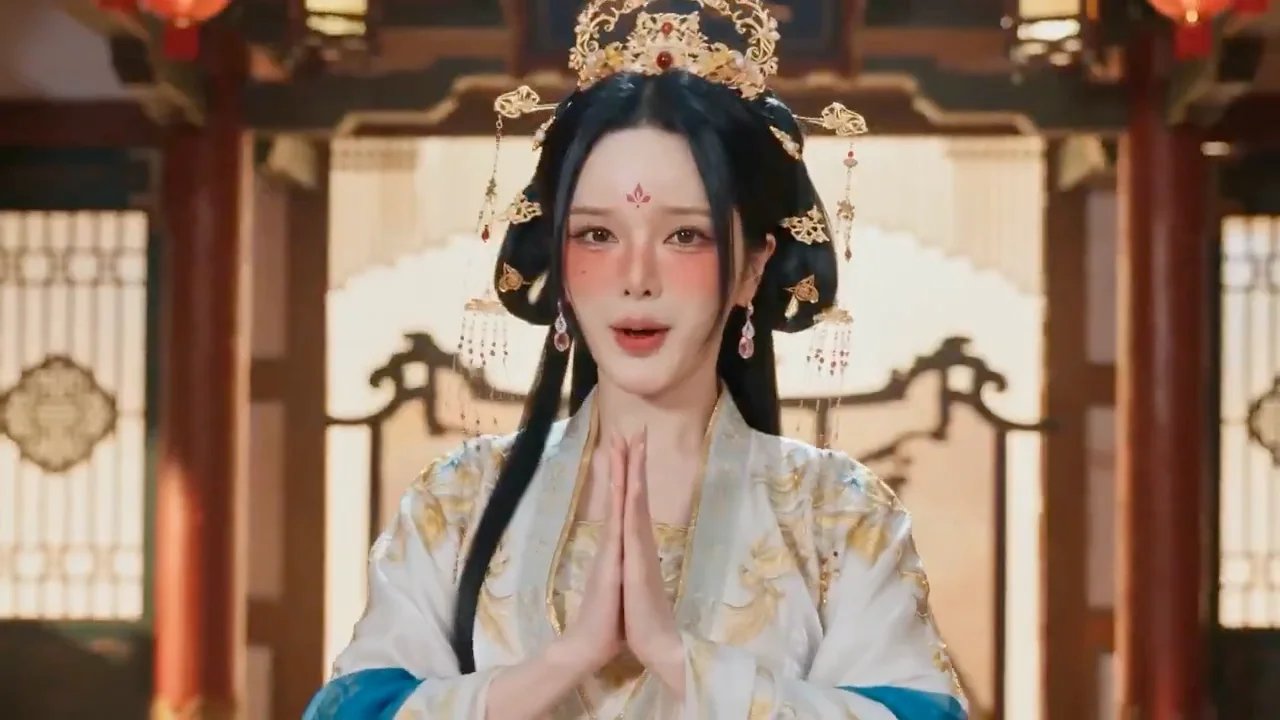Concert fantastique antique d'une jeune fille en tenue traditionnelle chinoise ornée de poissons-koi dorés