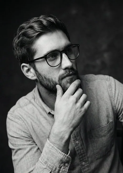 黒白の光と影が交錯する深遠な思索者の肖像