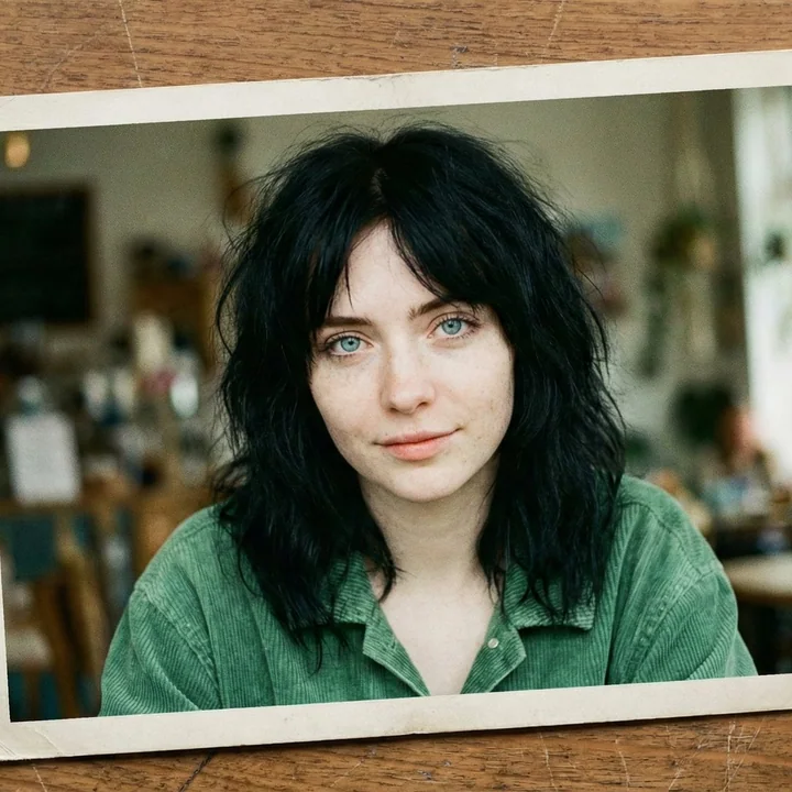 Девушка с черными волосами и ледяными синими глазами в ретро-стиле на пленочном снимке