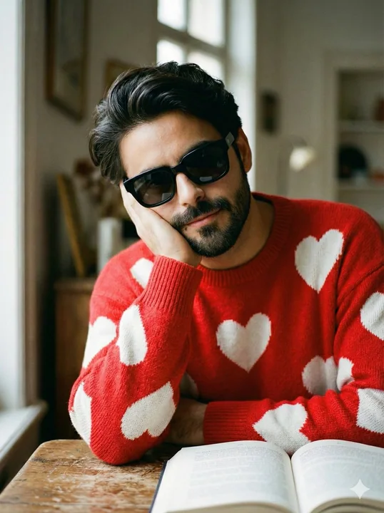 Portrait of a gentle man wearing a red sweater under the warm winter sunlight