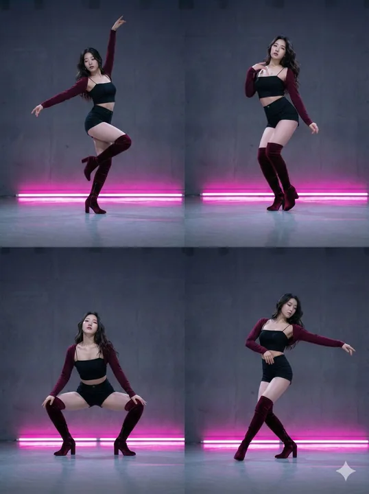 Четыре квадрата с персонажами, демонстрирующими динамичные позы и стилистическое единство с разных ракурсов