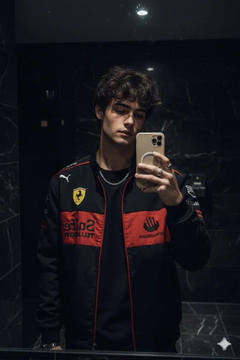 Dark cinematic mirror self-portrait wearing a Ferrari jacket