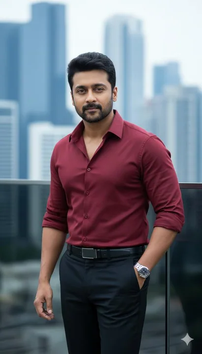 Portrait de cinéma émouvant d'un homme élégant en vêtements rouges sur un balcon urbain