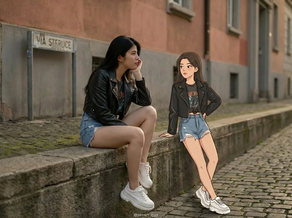 Portrait de rue rétro d'une personne réelle dansant avec un cartoon dessiné à la main