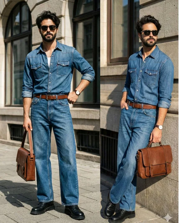 レトロなデニムとストリートスタイルのファッションで、サングラスをかけたイケメンのビジュアル