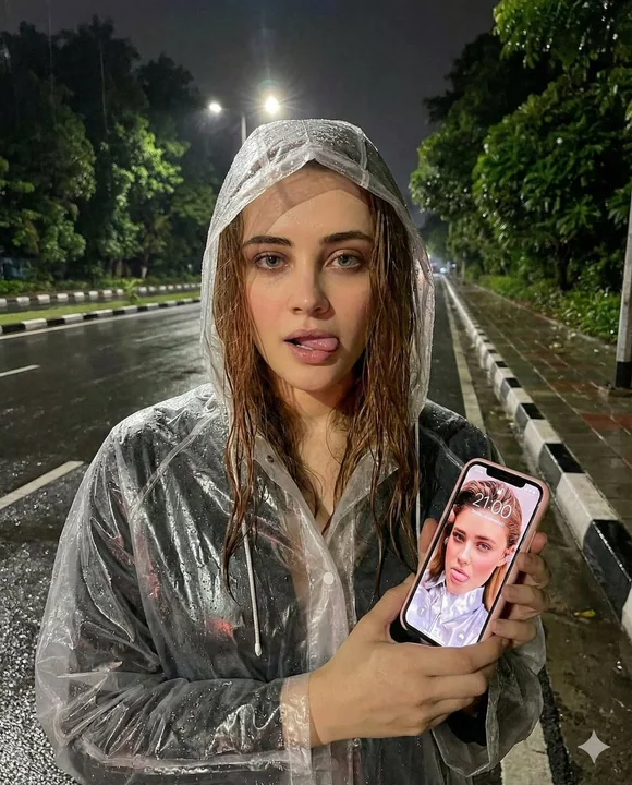 雨夜街头,湿发少女穿透明雨衣高清自拍